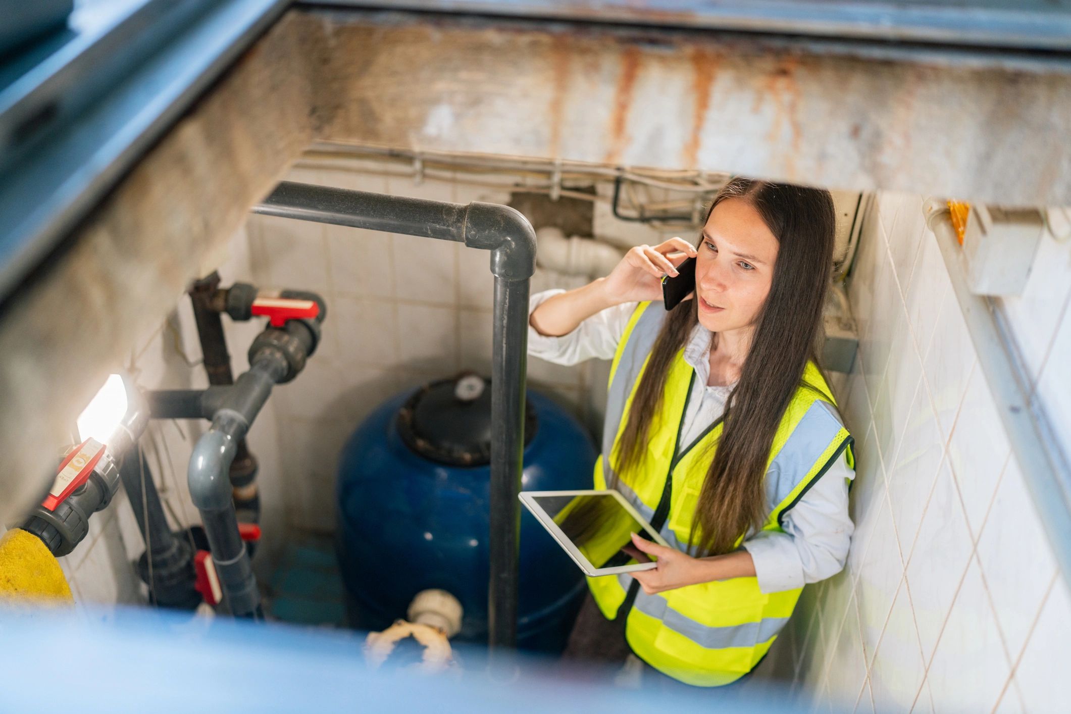 Plumber inspecting a residential water heater