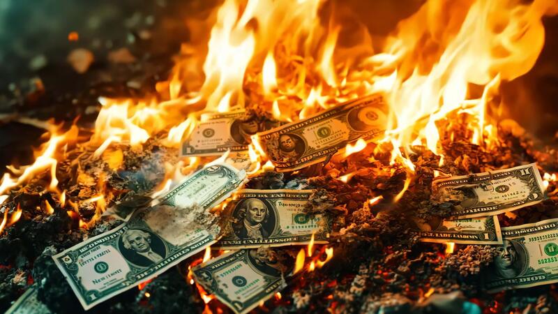 A pile of money on fire